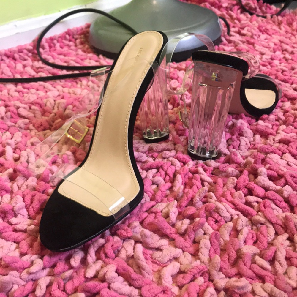 Black 4 inch clear strap heels